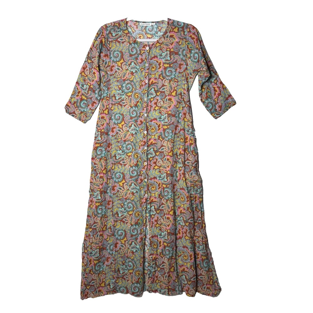 Roller Rabbit Midi Dress Sz S Gauze Cotton Duster Paisley Pockets Boho‎ Button